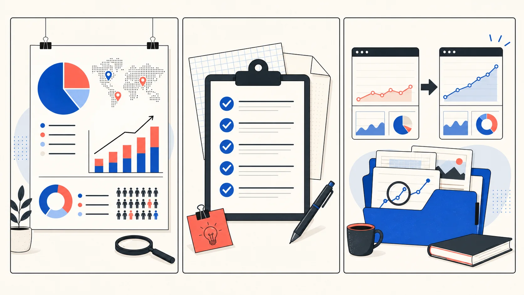 Ilustración de los formatos: infografía, plantilla o checklist y caso de estudio