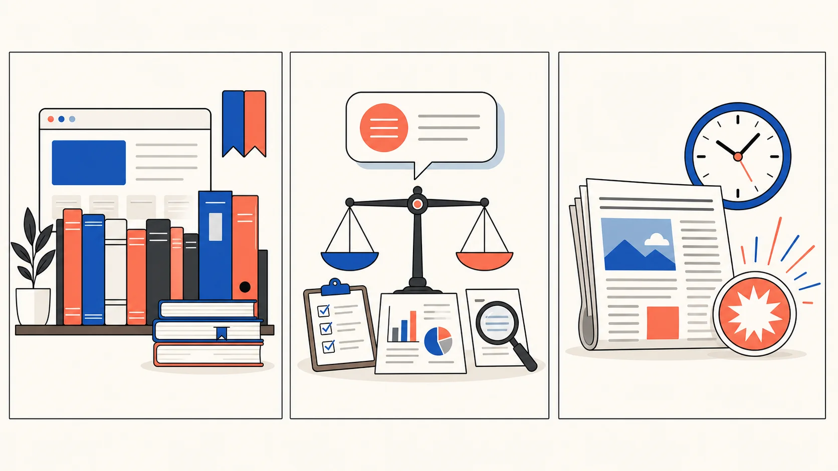 Ilustración de los formatos: página de recursos, opinión respaldada y noticia o contenido oportuno