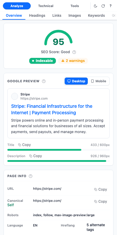 Interfaz real de SEO Panel con puntuación y vista previa de búsqueda para una página de ejemplo